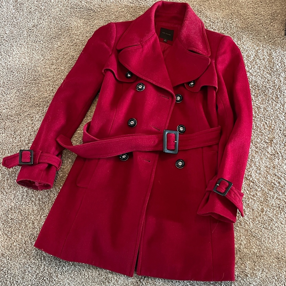 Women’s Red Wool Blend Double-Breasted Belted Peacoat